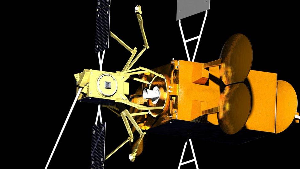 The "Space Drone" (yellow) would dock with the ageing telecommunications satellite