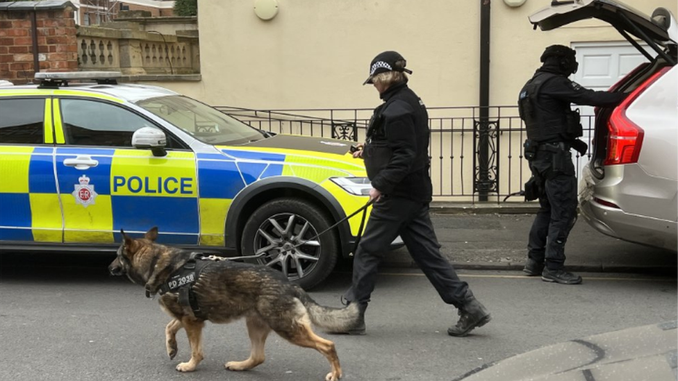 Police officers with a police dog next to a car