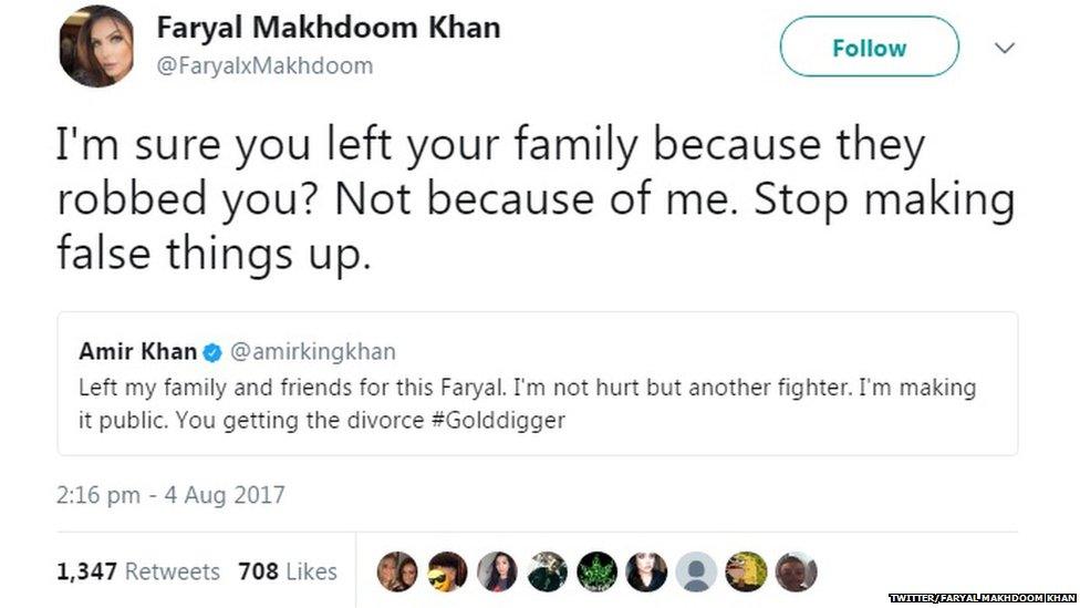 A tweet from Faryal saying: "stop making false things up"