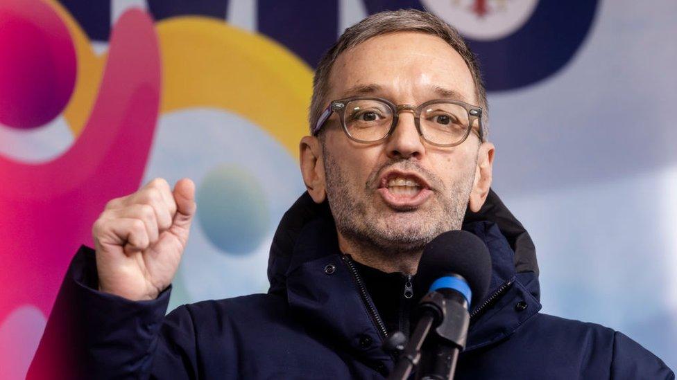 Freedom party leader Herbert Kickl speaks at an anti-vaccine rally