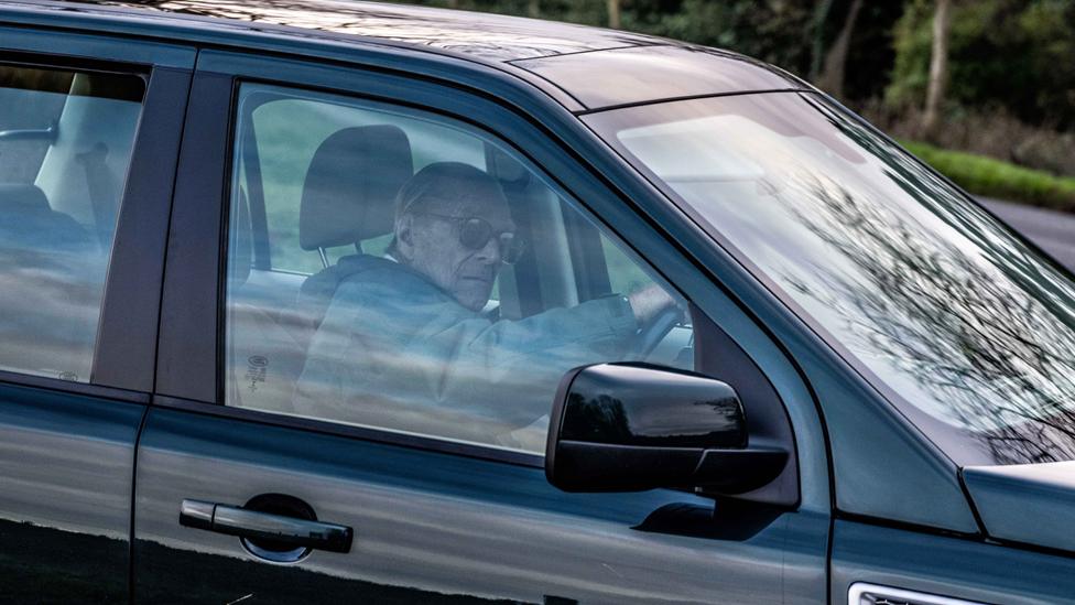 Prince Philip pictured driving near Sandringham Estate on 19 January 2019