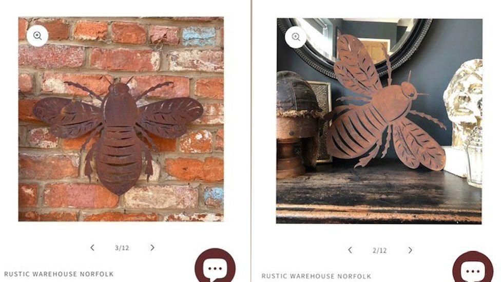 Two photographs taken from Rustic Warehouse Norfolk website. On the left shows a large rusty bee with outstretched wings against a brick wall; on the right is a large rusty bee with outstretched wings resting on a sideboard, against a black wall with a mirror above and other objects next to it. Beneath each image it says Rustic Warehouse Norfolk.