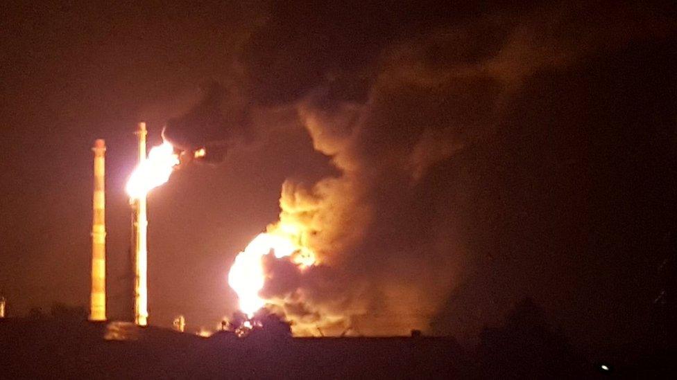 A fire burns at a refinery in Ingolstadt, Germany, September 1, 2018