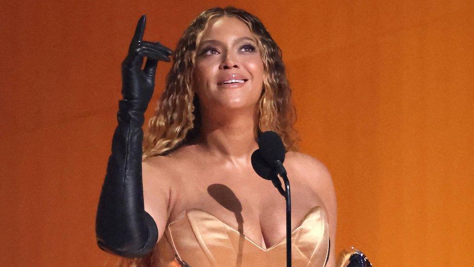 Beyonce on stage at the Grammy Awards