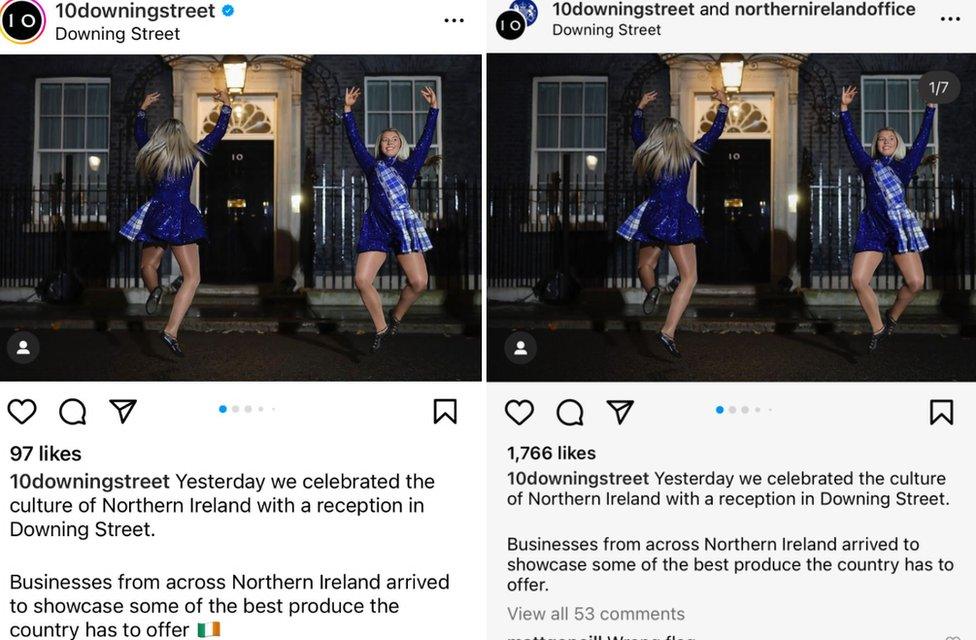 The two images side by side of the post with the tricolour and without