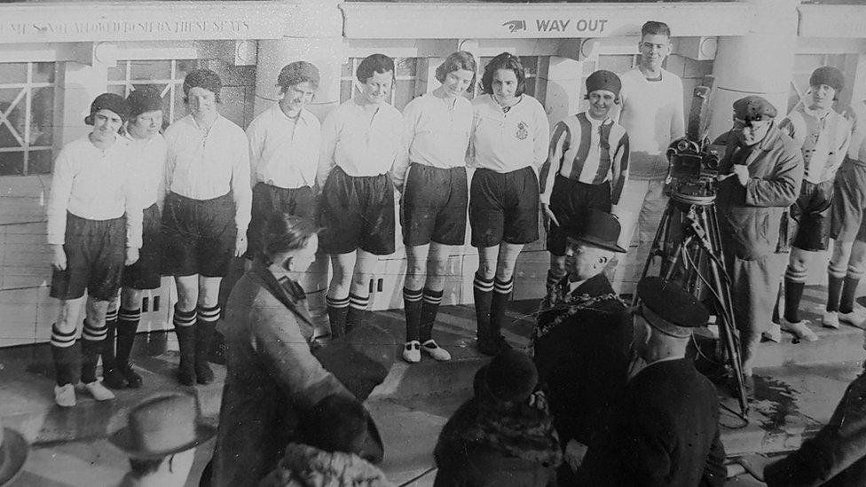 A Pathe film crew capturing the Dick Kerr Ladies team at a public appearance in Blackpool 1931