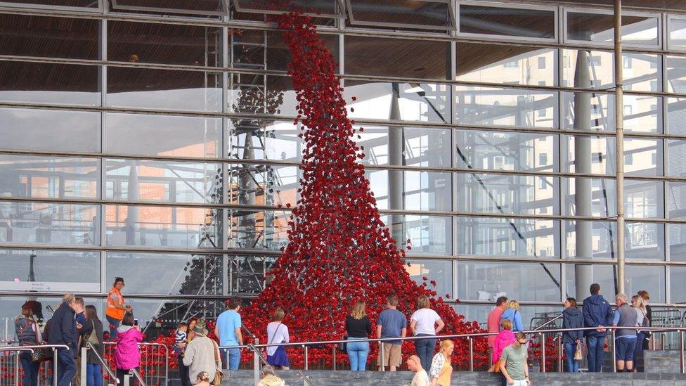 The Weeping Window being erected outside the Senedd in Cardiff