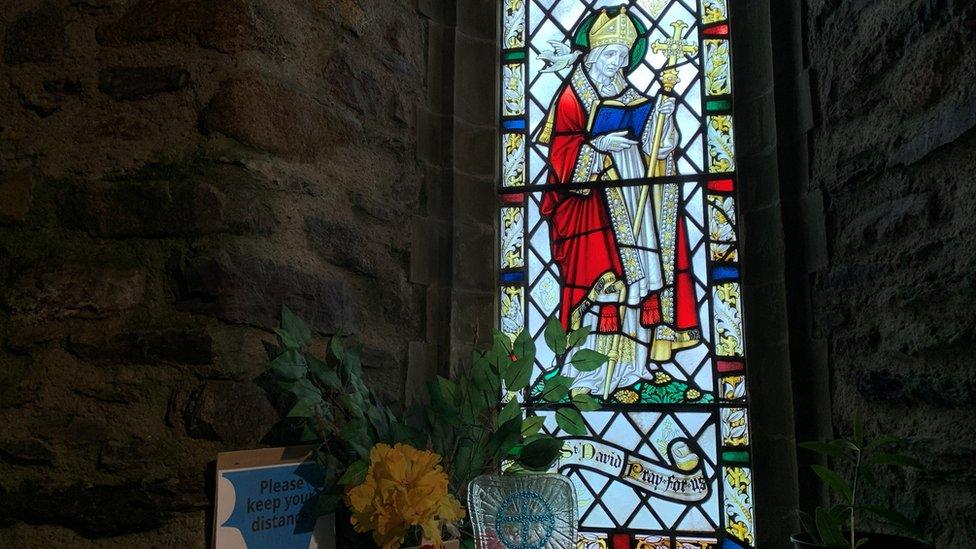 St David as depicted in a stained glass window at the Chapel of Our Lady and St Non in Pembrokeshire