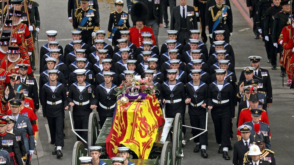 The State Gun Carriage carrying the coffin of the Quee