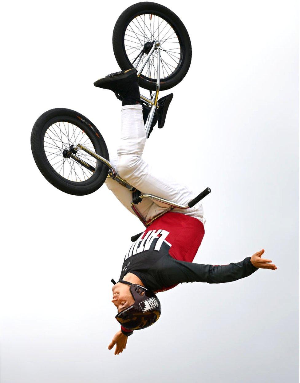 Ernests Zebolds of Latvia competes in his first run during the BMX freestyle park, men elite - final