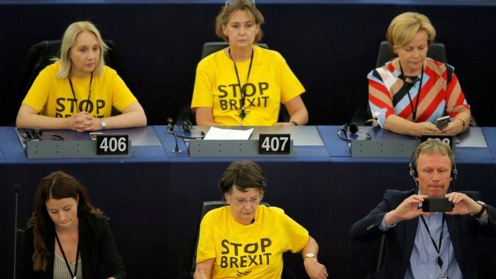 Liberal Democrat MEPs wearing "Stop Brexit" T-shirts