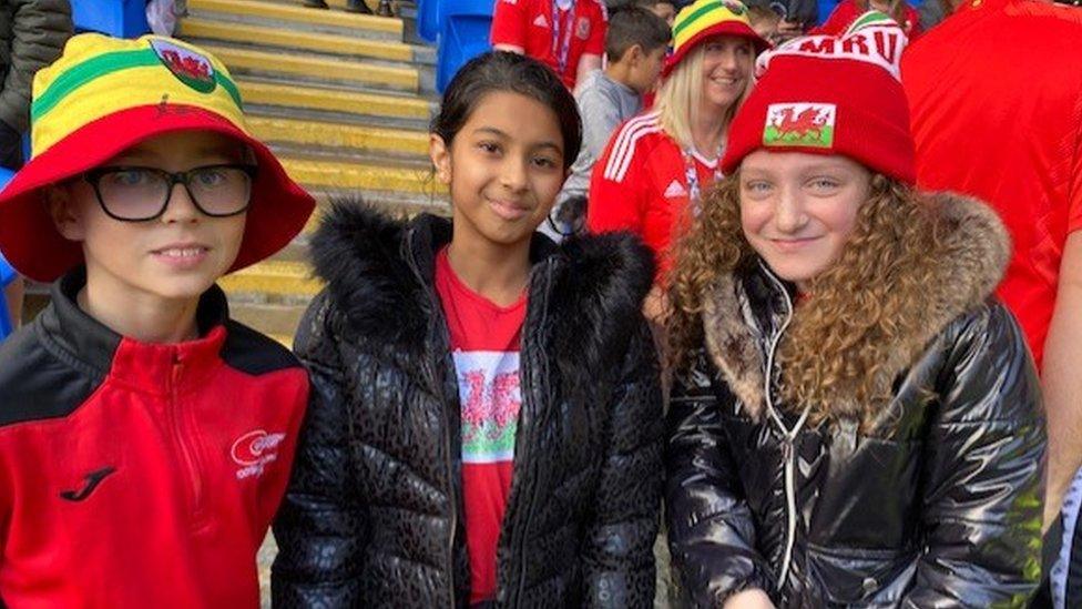 Caiden, 10, Tvisha, 10 and Kayla, 11, of Lansdowne Primary