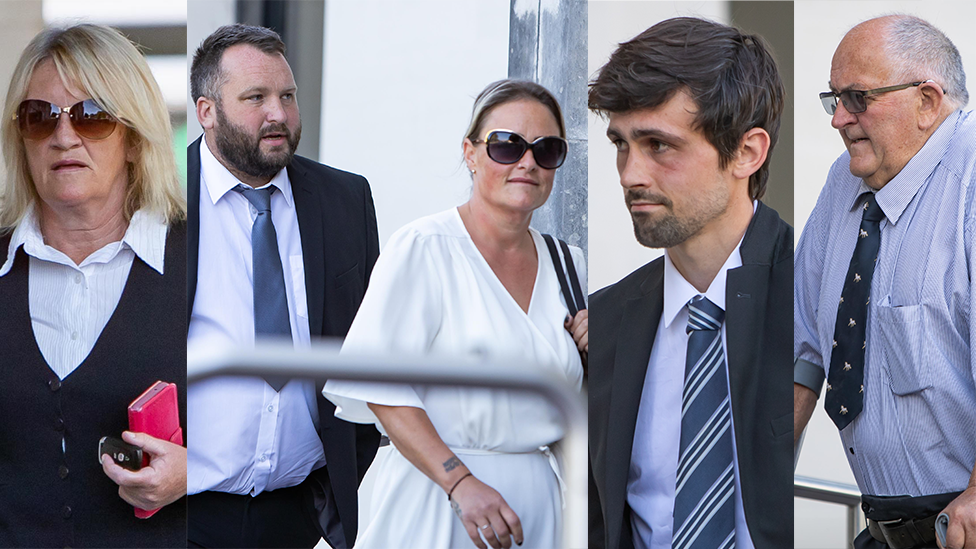 A composite picture of five people arriving in court. On the left is a woman with blonde hair and sunglasses and a white shirt; next to him is a man in a dark suit with a white shirt and blue tie, and next to him a woman with sunglasses and a white dress. Next is a man with short dark hair, with a dark suit and blue and white tie, and then an older man with a blue shirt and tie wearing dark glasses