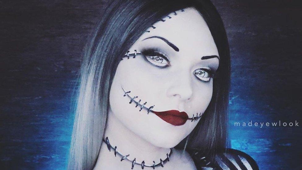 YouTuber Madeyewlook paints herself as the female Jack Skellington for a video