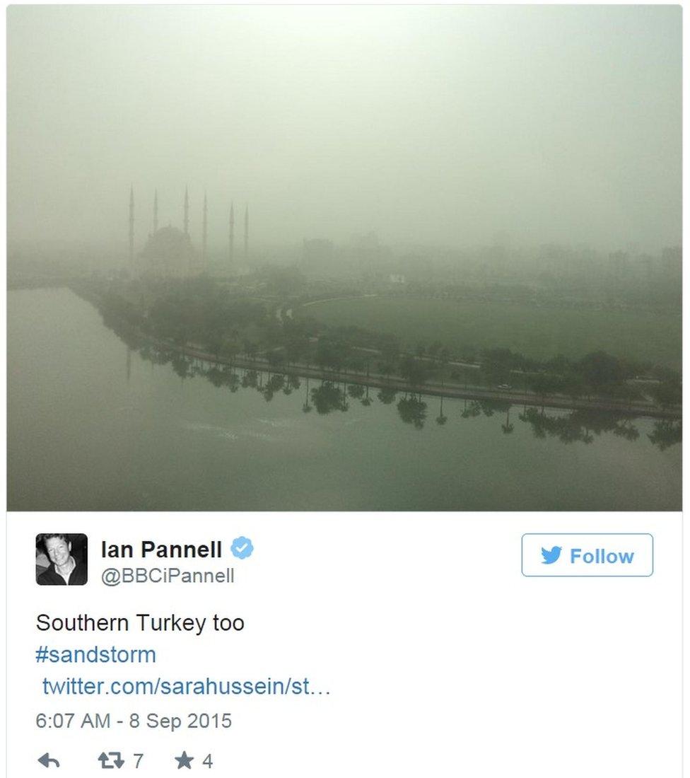 Tweet by BBC correspondent Ian Pannell showing dust storm in Adana, Turkey - 8 September 2015