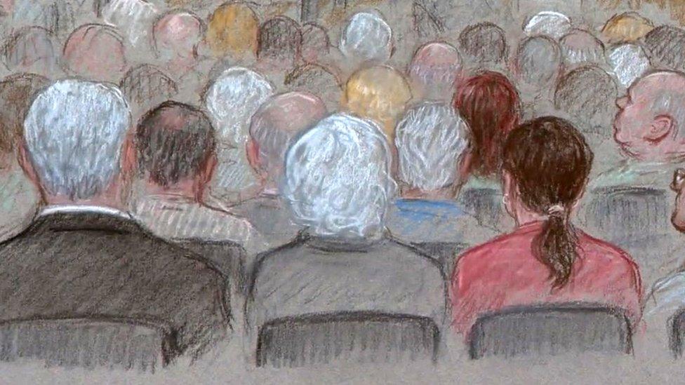 Drawing of members of the public in a courtroom