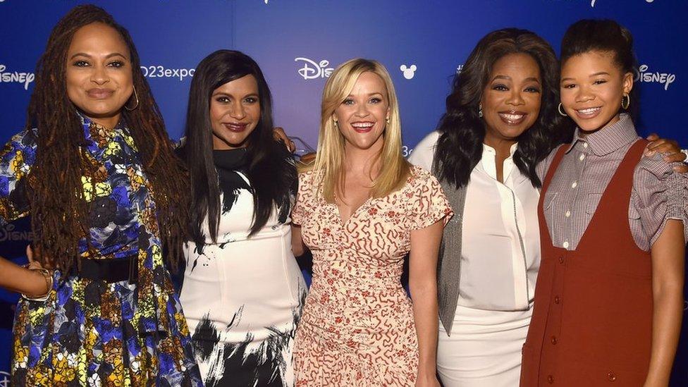 (L-R) Director Ava DuVernay and actors Mindy Kaling, Reese Witherspoon, Oprah Winfrey and Storm Reid.