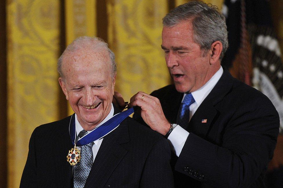 US President George W. Bush presents the 2007 Presidential Medal of Freedom to 1992 Nobel economics prize winner Gary Becker