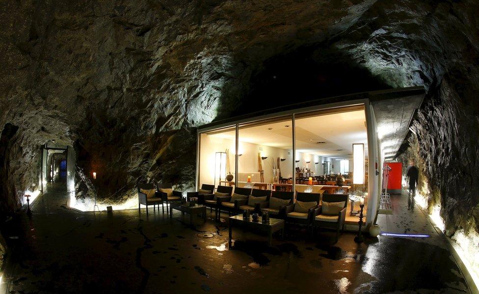 A view shows the restaurant at the Hotel La Claustra in a former Swiss army bunker on the St Gotthard mountain pass