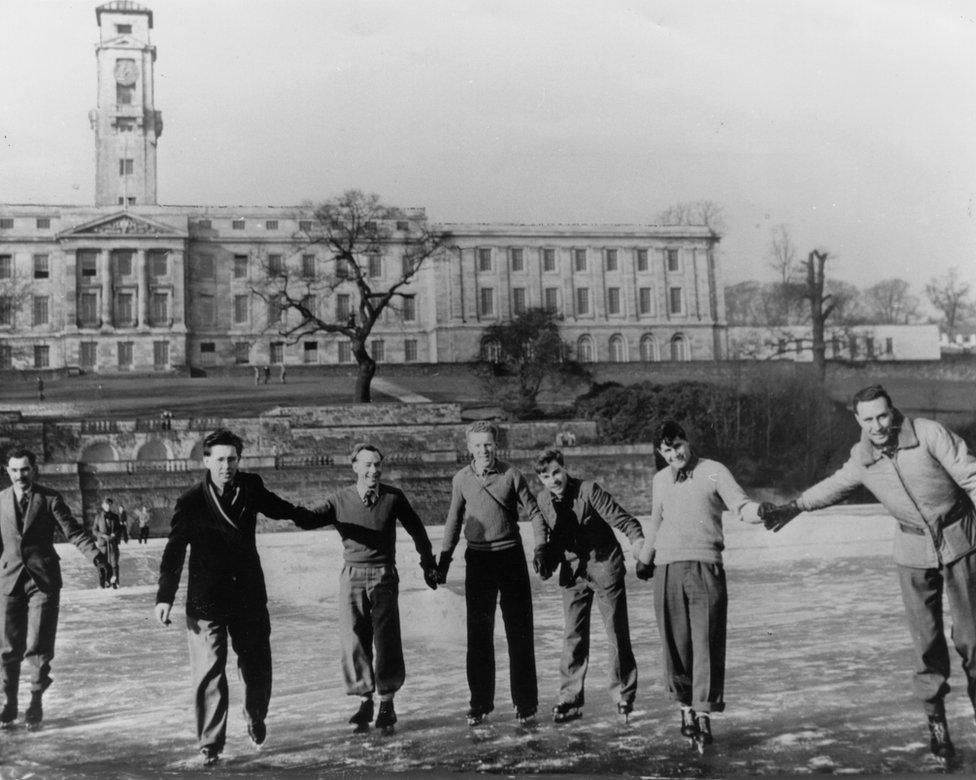 Students skating on the frozen lake