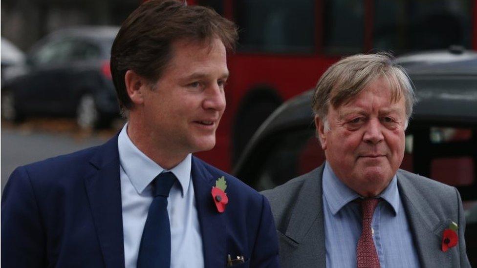 Nick Clegg and Kenneth Clarke arrive for memorial service