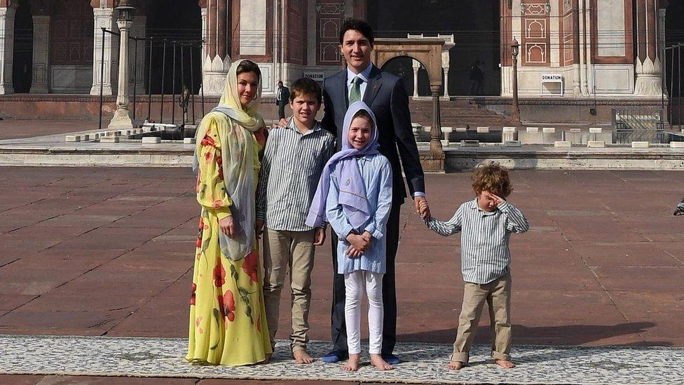 The Trudeau family in front of the Jama Masjid in New Delhi, with Hadrien dabbing