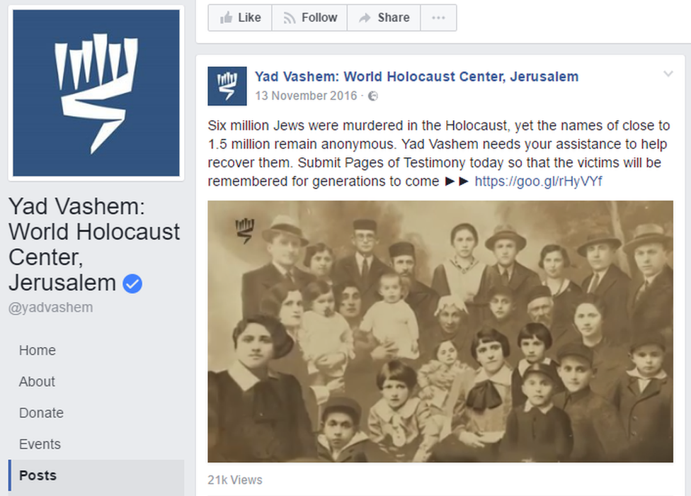 Yad Vashem Facebook post