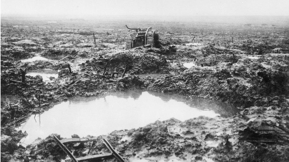 Tank and crater at Passcendaele