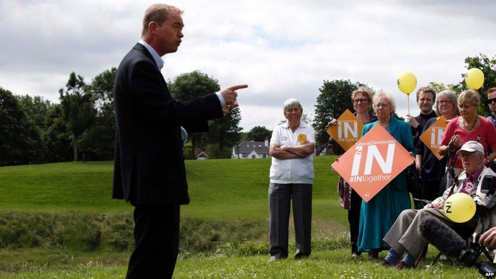 Lib Dem Tim Farron speaking to In supporters in south west London