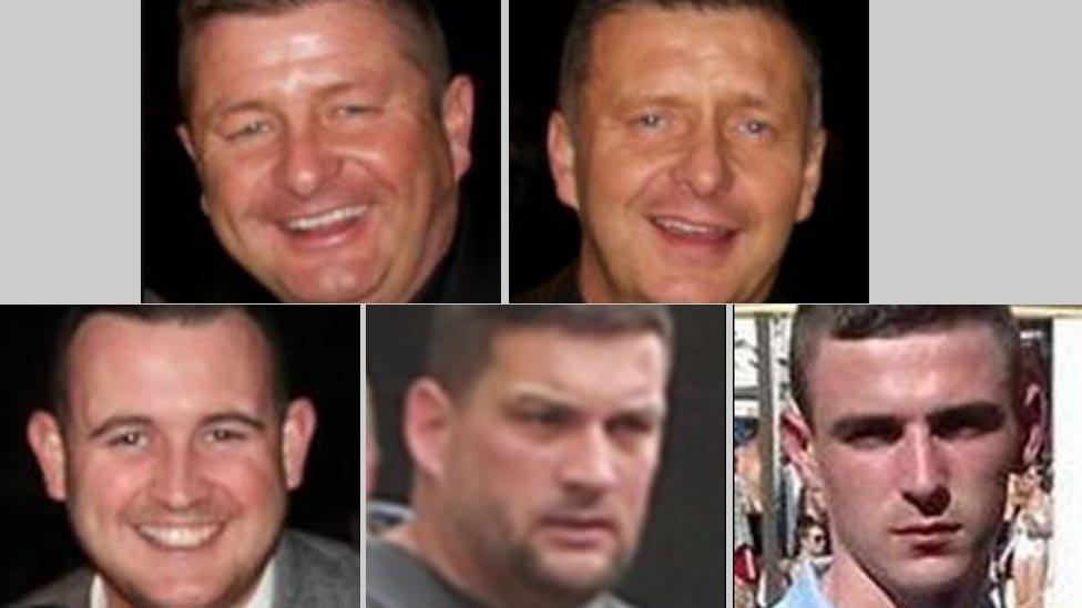 European Arrest Warrants have been issued for (top l to r) Barry and James Gillespie, (bottom l to r) Christopher Hughes, James White and Jordan Owen