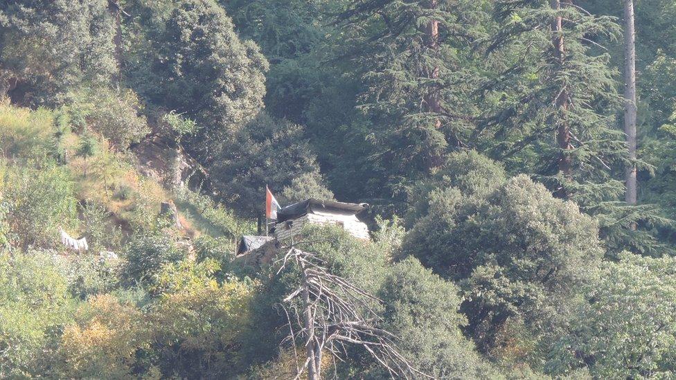 Indian post 2 in Keran-Lawat Shot again from the road on Pakistani side: it's barricaded on all sides with sandbags