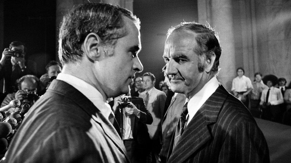 Thomas Eagleton, left, was booted from the campaign of George McGovern in 1972