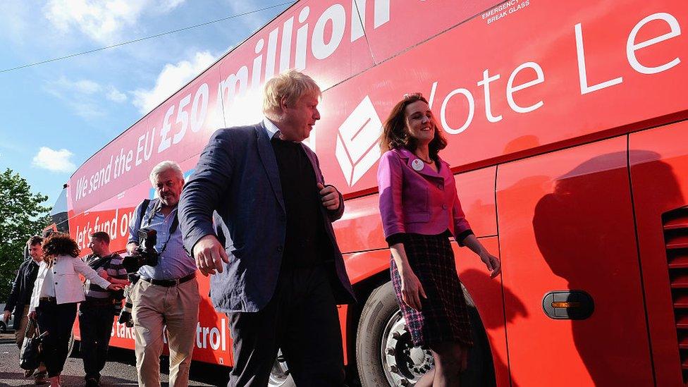 Boris Johnson in front of the Vote Leave bus during the EU referendum campaign