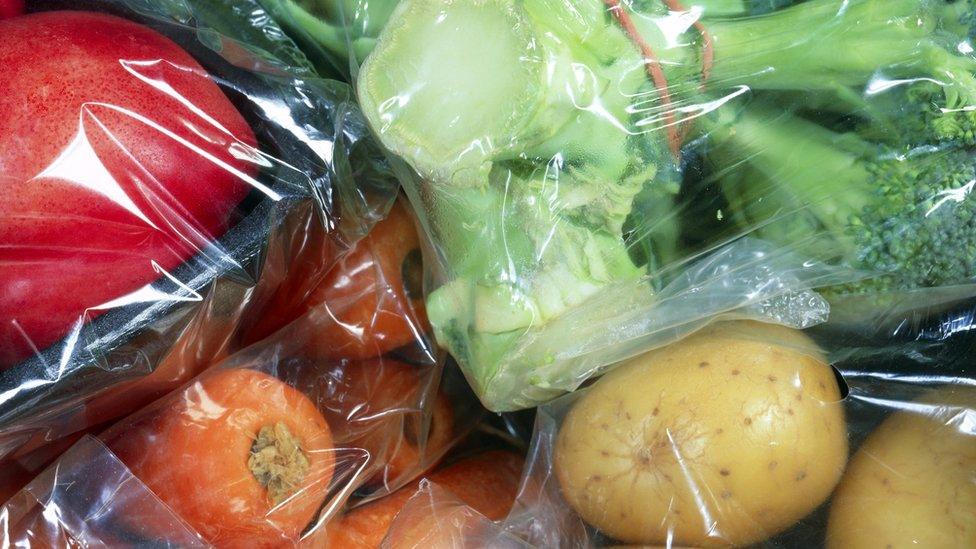 Vegetables individually wrapped in cellophane