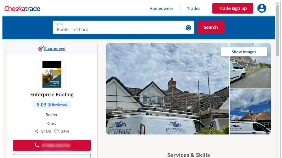 Screengrab showing the convicted traders company still active on the Checkatrade website