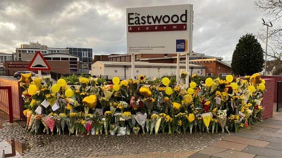 Flowers for Lily Wythe outside The Eastwood Academy in Essex