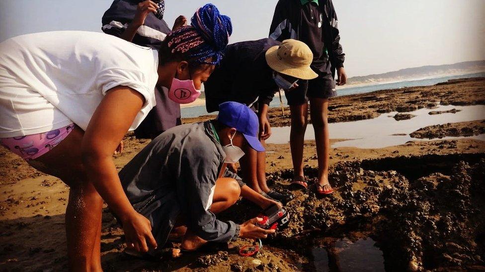 Kids standing on the rocky shore