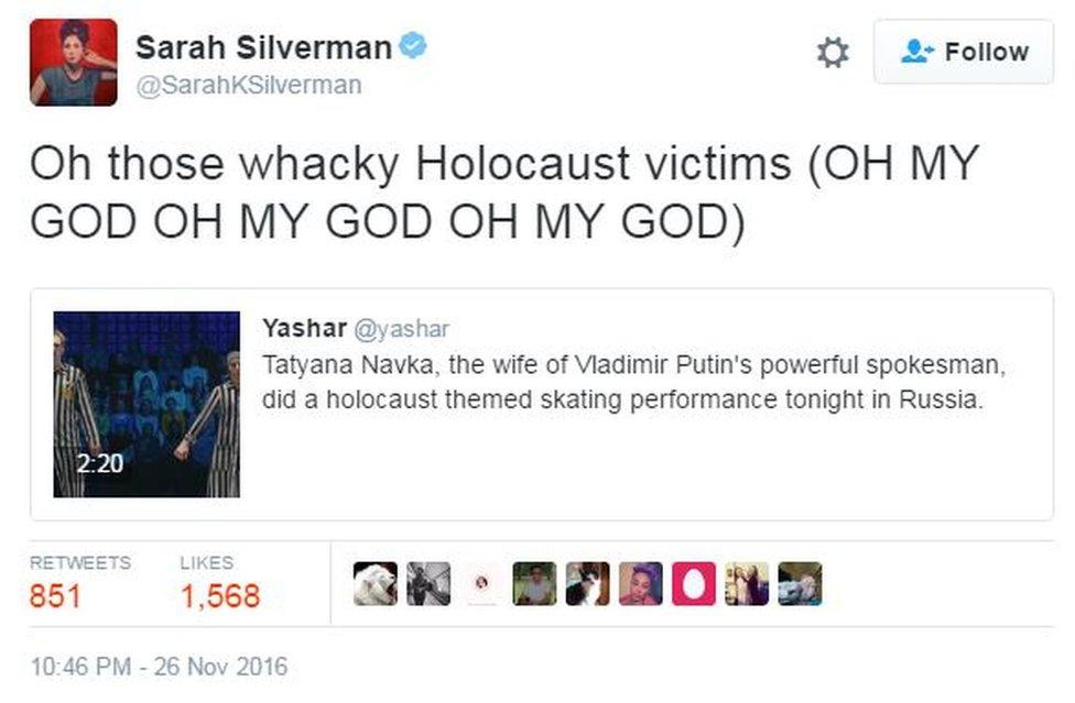 US comedian Sarah Silverman was appalled by the light-hearted take on the holocaust