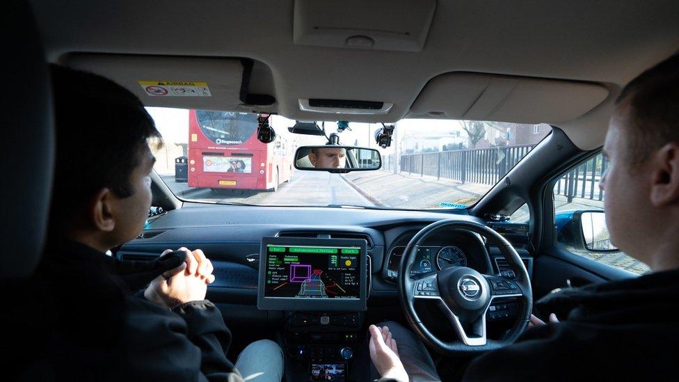 A self-driving Nissan Leaf car is driven on public roads in Woolwich, south east London