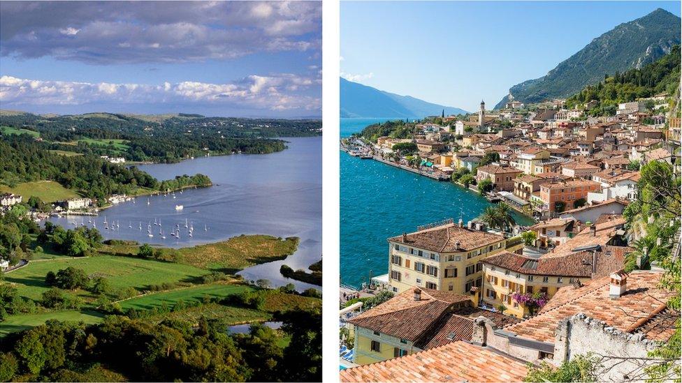 A composite picture of Lake Windermere (left) and Lake Garda (right)