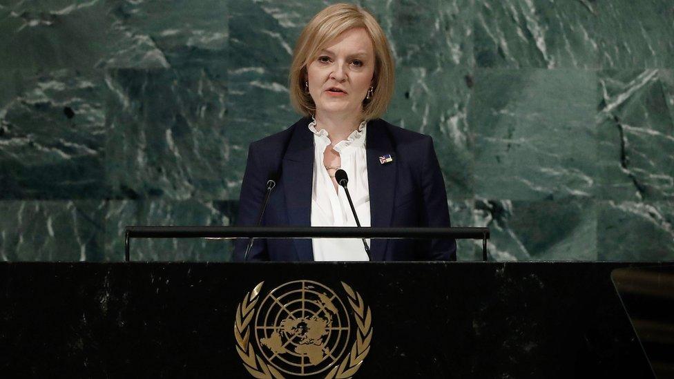 Prime Minister Liz Truss giving a speech at the UN General Assembly