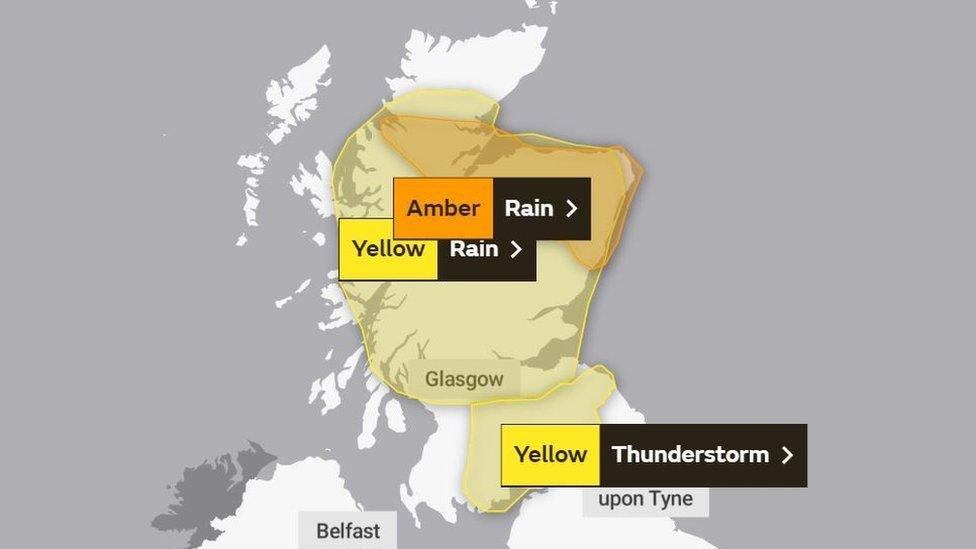 The Met office shows their warnings, a yellow warning for most of Scotland and an amber warning for the north east of Scotland