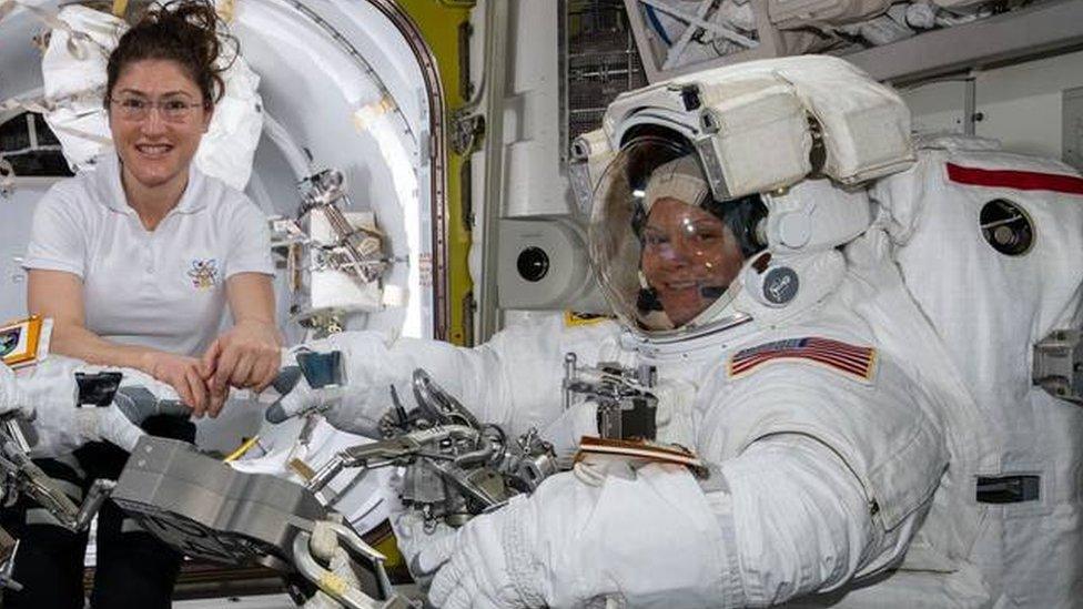 Nasa astronauts Christina Koch (left) and Anne McClain at the International Space Station. Photo: 22 March 2019