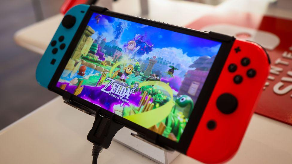A Nintendo Switch console at a Nintendo store ahead of the release of the new Switch 2 in New York, US, on Wednesday, June 4, 2025.