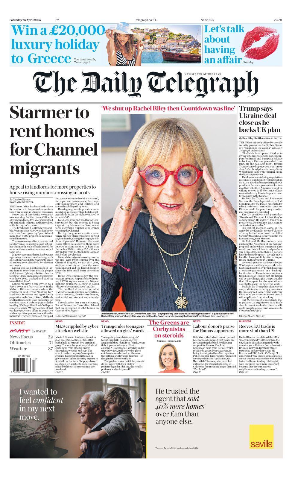 The front page of the Daily Telegraph newspaper. The headline reads: Starmer to rent homes for Channel migrants