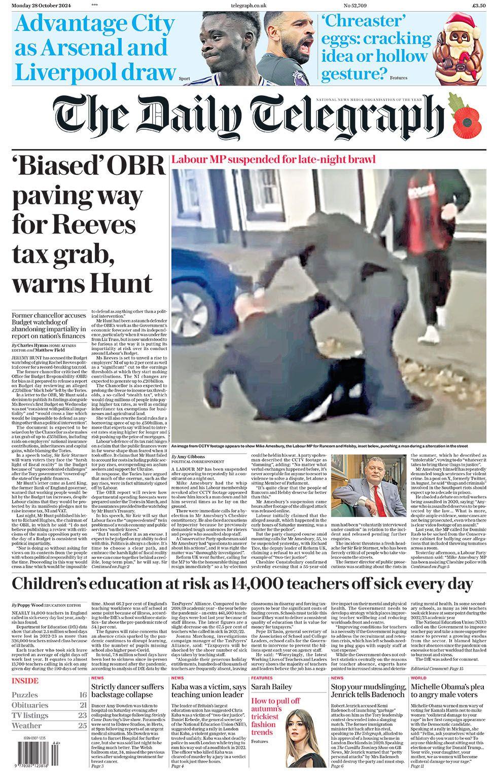 The main headline on the front page of the Daily Telegraph reads: "'Biased' OBR paving way for Reeves tax grab, warns Hunt"