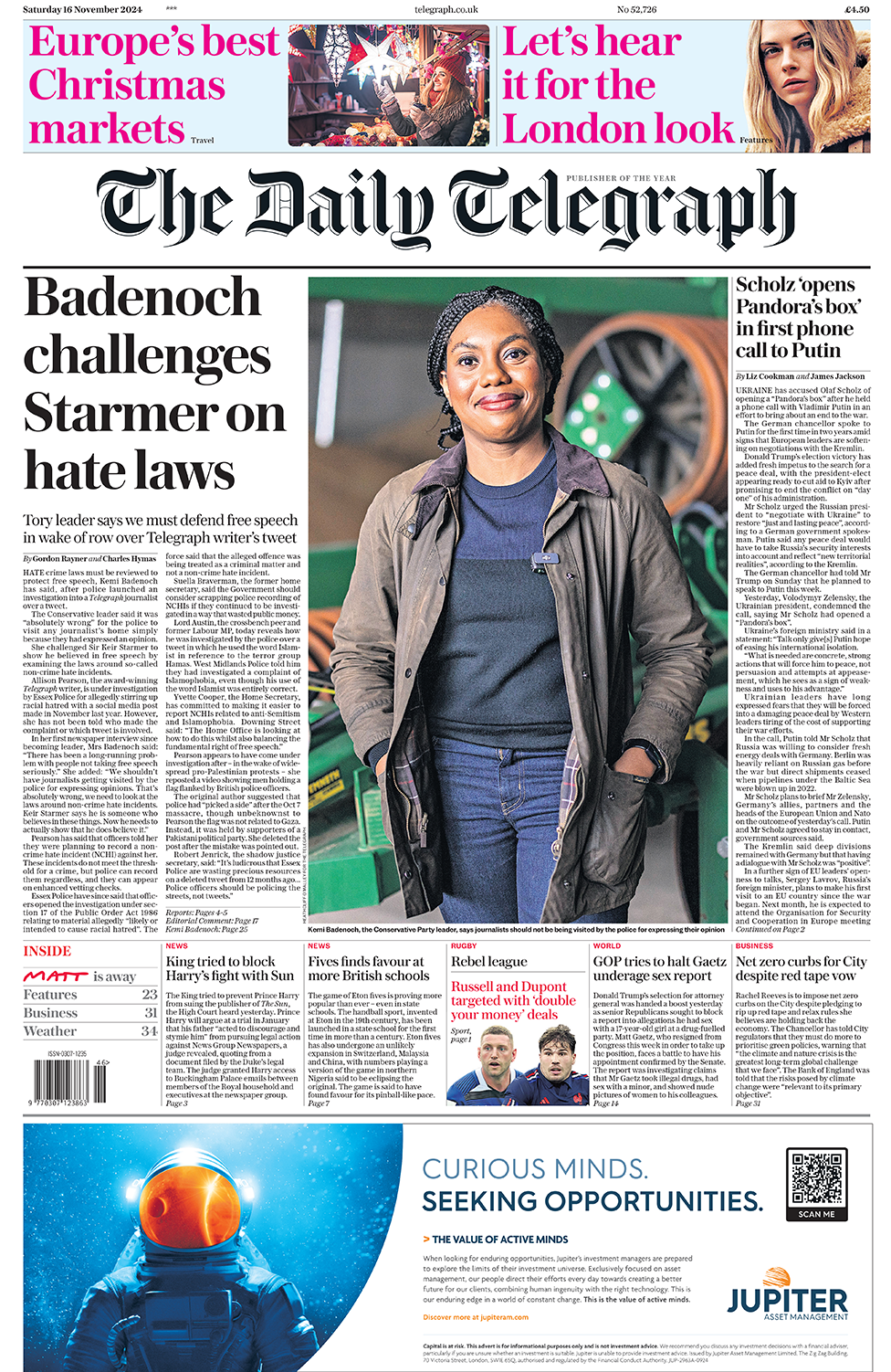 "Badenoch challenges Starmer on hate laws", headlines the Daily Telegraph 