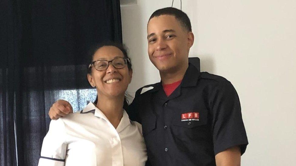 Jaden's mother Linda Francois, left, with her son, left - both wearing uniforms