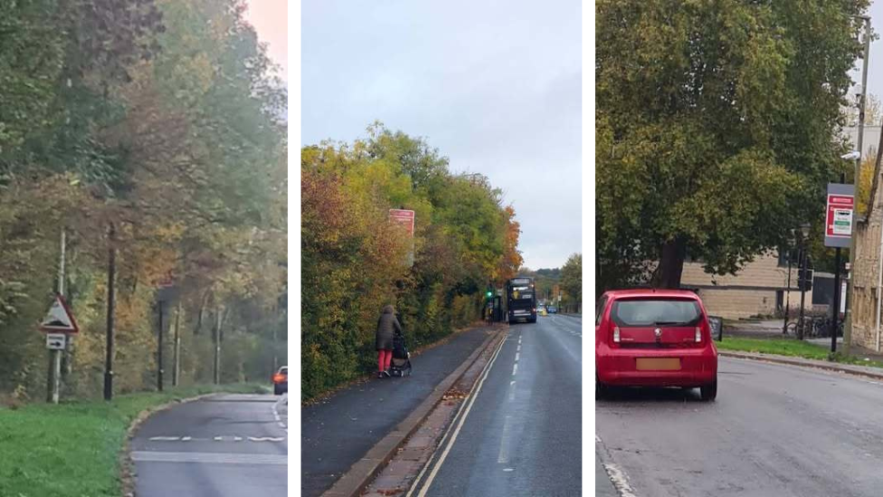 Composite image of three road signs in Oxford all hidden. Two are hidden behind bushes and one is hidden behind a bus stop sign.