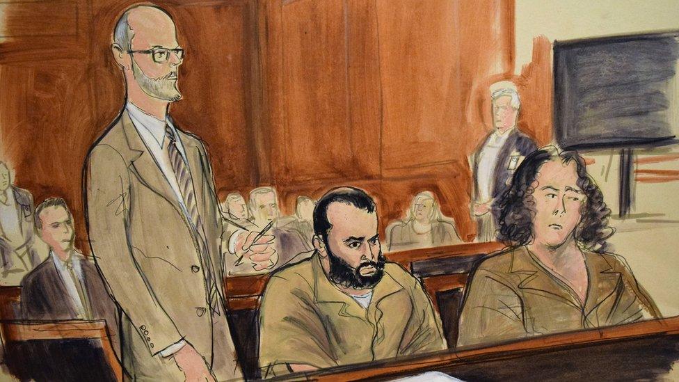 In this artist"s drawing, Ahmad Khan Rahimi, center, appears in a New York courtroom to face federal terrorism charges, Thursday, Nov. 10, 2016.